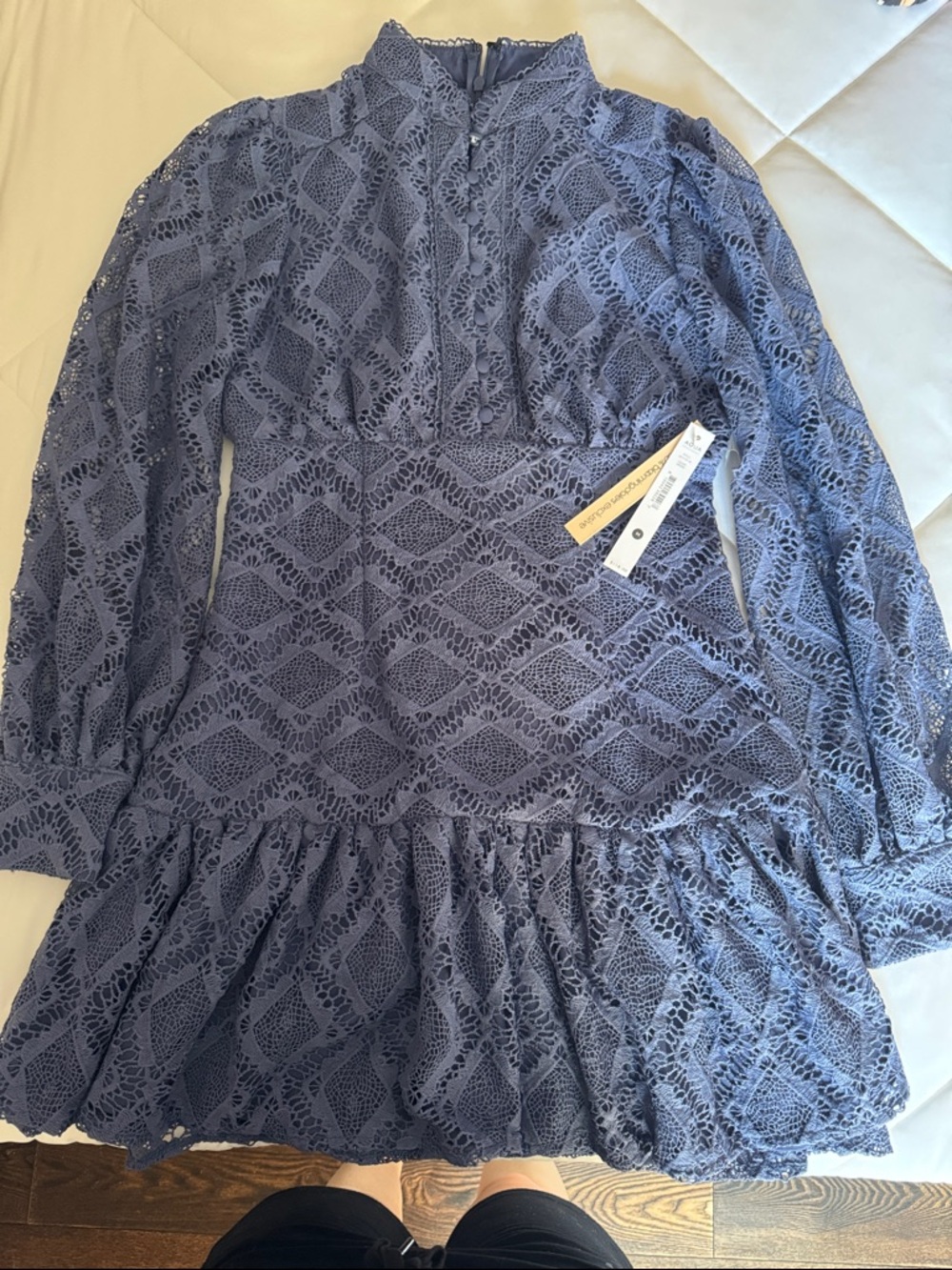 AQUA Lace Long Sleeve Ruffle Hem Dress - Dusty Blue